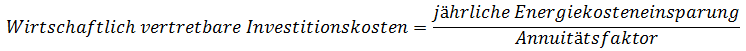 Wirtschaftlich vertretbare Investitionskosten sind jährliche Brennstoffkosteneinsparung geteilt durch Annuitätsfaktor