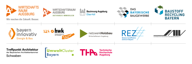 Partnerlogos: Wirtschaftsraum Augsburg, Bauinnung Augsburg, Das Bayerische Baugewerbe, Baustoff Recycling Bayern, bayern innovativ, hwk schwaben, netzwerkHolzbau, REZ, Schwäbischer Architekten und Ing.Verein e.V., Bayerische Architektenkammer, Umweltcluster Bayern, TH Augsburg.
