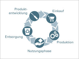 Abbildung eines Kreises mit Icons und Beschriftung: Produktentwicklung Beschaffung, Produktion, Nutzung und Entsorgung. Abbildung eines Kreises mit Icons und Beschriftung: Produktentwicklung Beschaffung, Produktion, Nutzung und Entsorgung.
