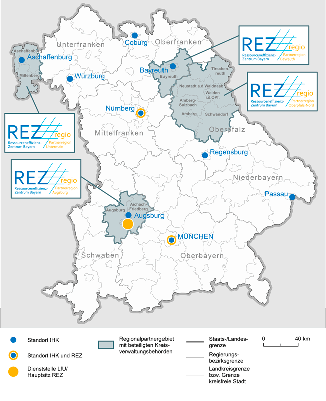 Bayernkarte mit markierten und verlinkten Standorten.
